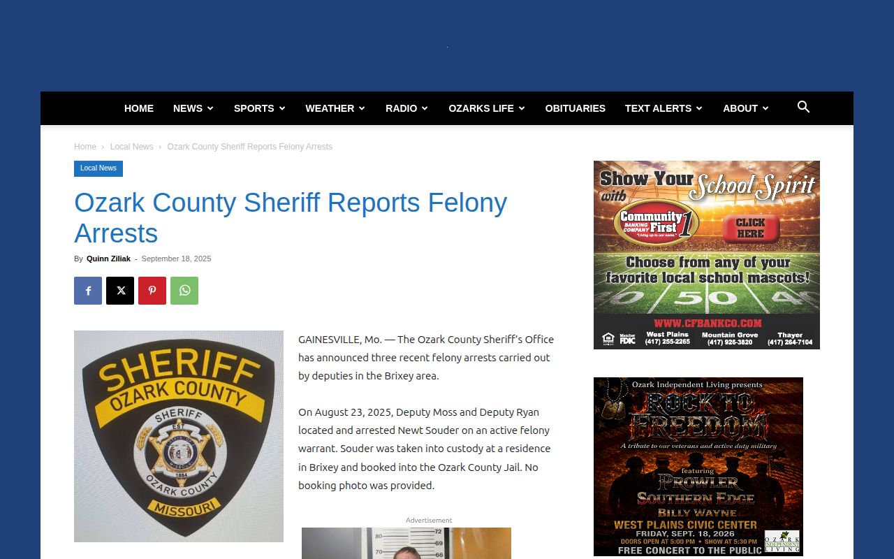Ozark County sheriff release record article view